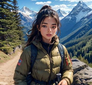 A woman with a backpack on a mountain trail A woman with a backpack on a mountain trail