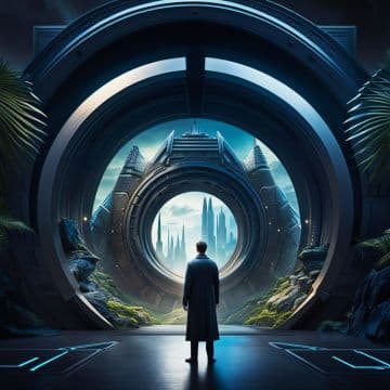 A man standing in front of a futuristic city A man standing in front of a futuristic city