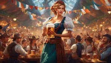 A painting of a woman holding a glass of beer A painting of a woman holding a glass of beer