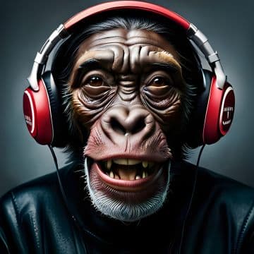 A monkey wearing headphones and a leather jacket A monkey wearing headphones and a leather jacket