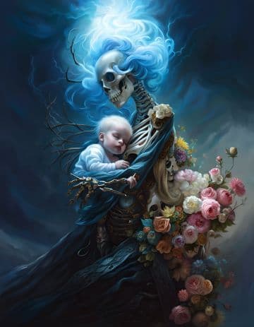 A painting of a skeleton holding a baby A painting of a skeleton holding a baby