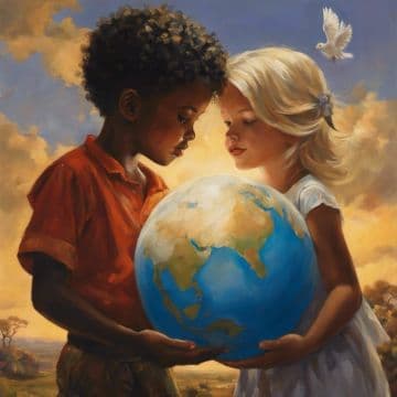 A painting of two children holding a globe A painting of two children holding a globe