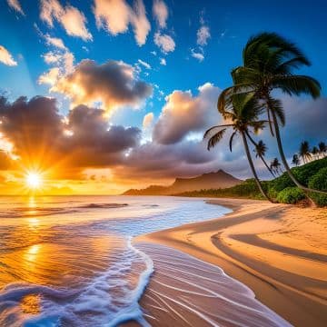 The sun is setting over a beach with palm trees The sun is setting over a beach with palm trees