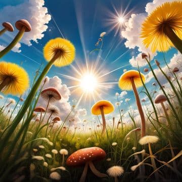 A painting of a field full of mushrooms A painting of a field full of mushrooms