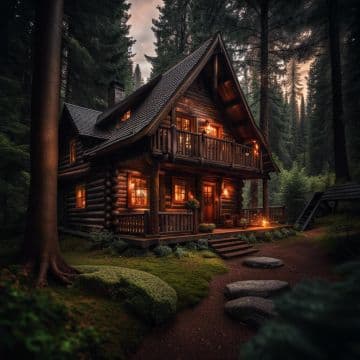 A log cabin in the woods lit up at night A log cabin in the woods lit up at night