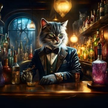 A cat dressed in a tuxedo sitting at a bar A cat dressed in a tuxedo sitting at a bar