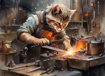 A painting of a cat working on a piece of metal A painting of a cat working on a piece of metal
