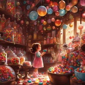A painting of a little girl in a candy shop A painting of a little girl in a candy shop