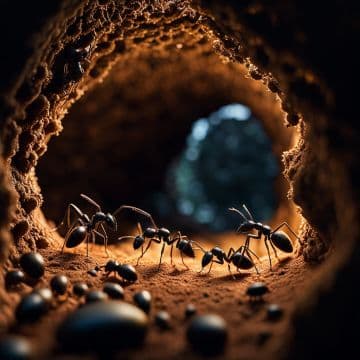 A group of ants walking out of a cave A group of ants walking out of a cave