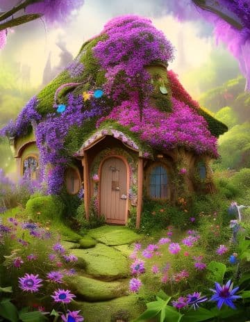 A house with a green roof and purple flowers A house with a green roof and purple flowers