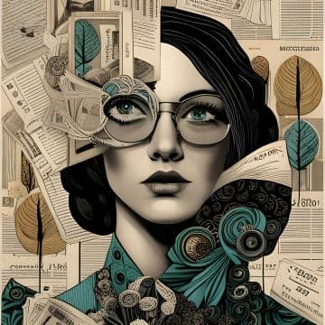 A painting of a woman with glasses and papers all over her face A painting of a woman with glasses and papers all over her face