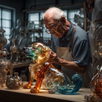 A man working on a glass sculpture of a dog A man working on a glass sculpture of a dog