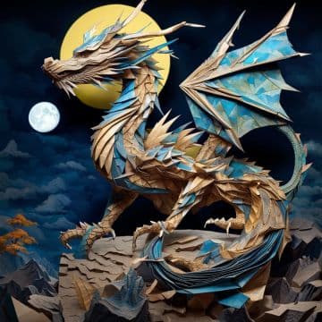 A paper sculpture of a dragon with a full moon in the background A paper sculpture of a dragon with a full moon in the background