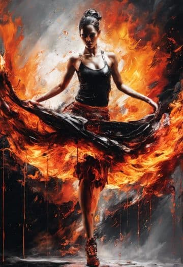 A painting of a woman in a dress on fire A painting of a woman in a dress on fire