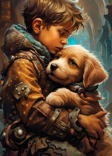 A painting of a boy holding a dog A painting of a boy holding a dog