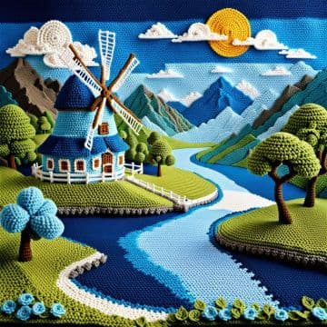 A crocheted picture of a landscape with a windmill A crocheted picture of a landscape with a windmill