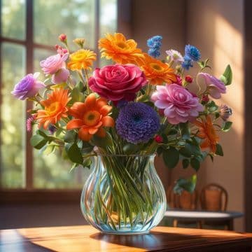 A vase filled with colorful flowers on top of a table A vase filled with colorful flowers on top of a table