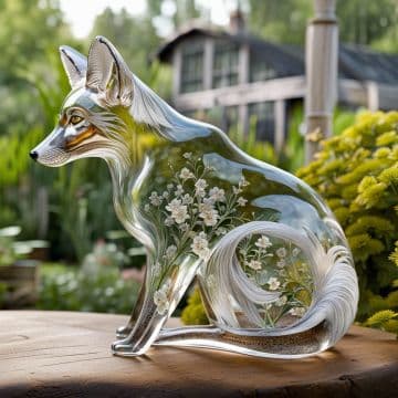 A glass figurine of a fox sitting on a table A glass figurine of a fox sitting on a table