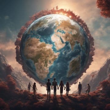 A group of people standing in front of a giant earth A group of people standing in front of a giant earth