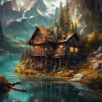 A painting of a cabin by a lake A painting of a cabin by a lake