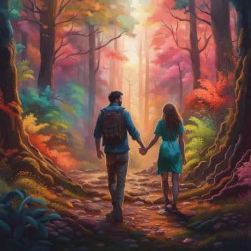 A painting of a man and a woman walking through a forest holding hands A painting of a man and a woman walking through a forest holding hands