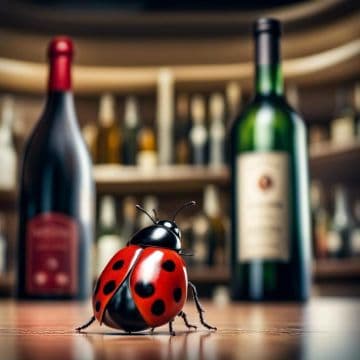 A ladybug sitting on the floor next to bottles of wine A ladybug sitting on the floor next to bottles of wine
