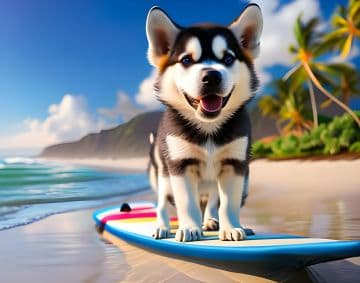 A dog is standing on a surfboard on the beach A dog is standing on a surfboard on the beach