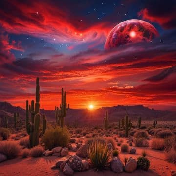 A painting of a sunset in the desert A painting of a sunset in the desert