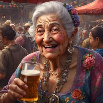 A painting of an older woman holding a beer A painting of an older woman holding a beer