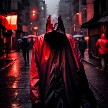 A person in a red raincoat walking down a street A person in a red raincoat walking down a street