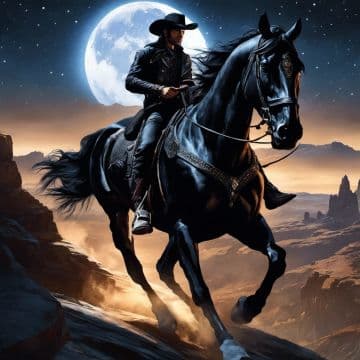 A man riding on the back of a black horse A man riding on the back of a black horse