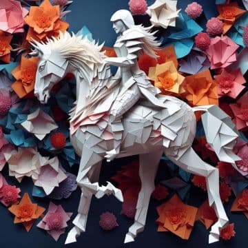 A paper sculpture of a man riding a horse surrounded by origami flowers A paper sculpture of a man riding a horse surrounded by origami flowers