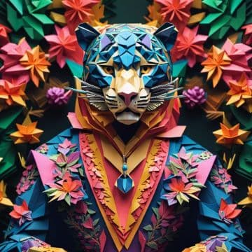 A colorful paper sculpture of a tiger surrounded by origami flowers A colorful paper sculpture of a tiger surrounded by origami flowers