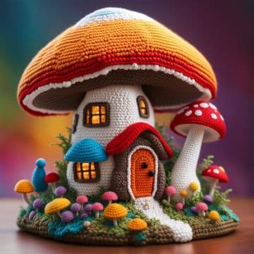 A crocheted house with a mushroom on top of it A crocheted house with a mushroom on top of it