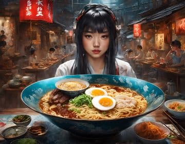 A painting of a woman holding a bowl of ramen A painting of a woman holding a bowl of ramen