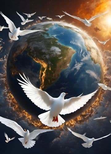 A group of white birds flying around the earth A group of white birds flying around the earth
