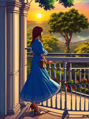 A painting of a woman in a blue dress looking out a balcony A painting of a woman in a blue dress looking out a balcony