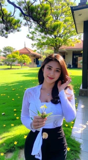 A woman in a white shirt and black Kebaya Bali holding a flower A woman in a white shirt and black Kebaya Bali holding a flower