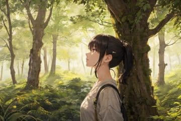 A woman standing in a forest with trees A woman standing in a forest with trees