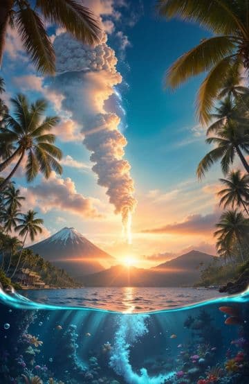 An underwater view of a tropical island with palm trees An underwater view of a tropical island with palm trees