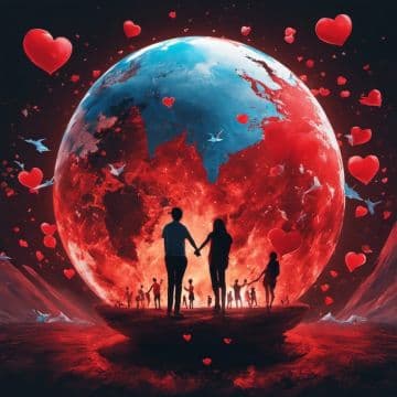 A man and woman holding hands in front of a giant red heart A man and woman holding hands in front of a giant red heart