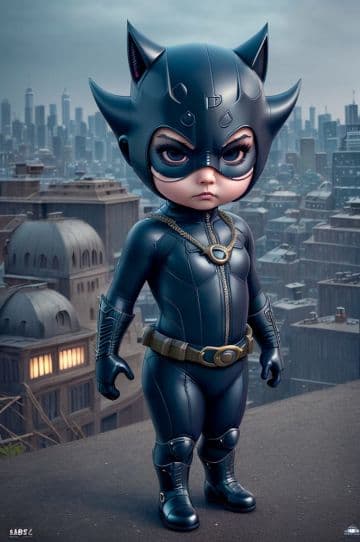 A little kid in a cat suit standing on top of a building A little kid in a cat suit standing on top of a building