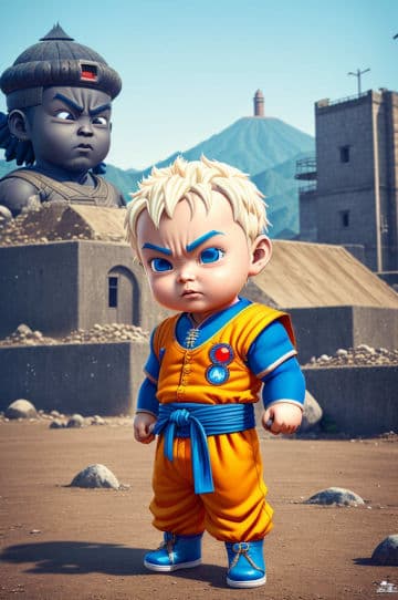 A cartoon character standing next to a statue A cartoon character standing next to a statue