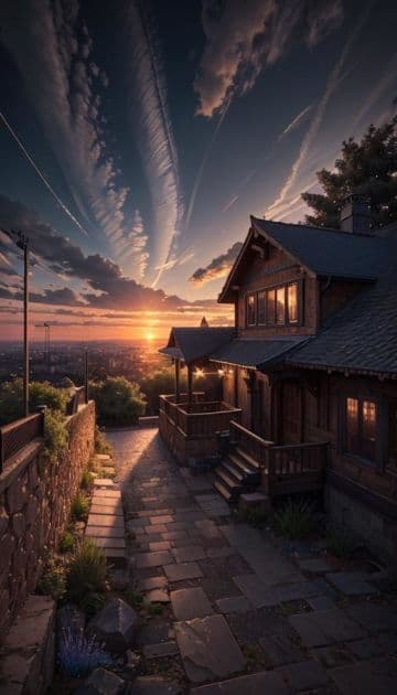 The sun is setting over a house on a hill The sun is setting over a house on a hill