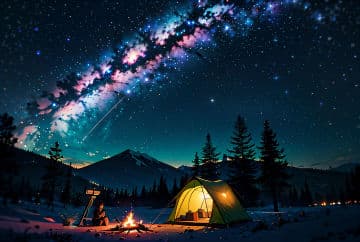 A tent in the snow with a view of the night sky A tent in the snow with a view of the night sky