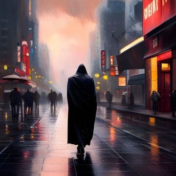 A man in a black cloak is walking down the street A man in a black cloak is walking down the street