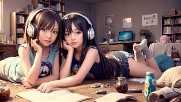 Two girls laying on the floor with headphones on Two girls laying on the floor with headphones on