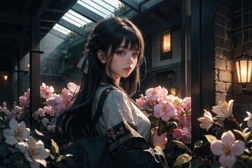 A woman standing in front of a bunch of flowers A woman standing in front of a bunch of flowers