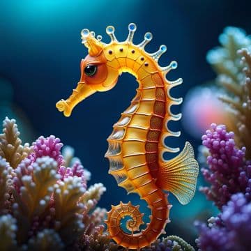 A yellow sea horse standing on top of a coral A yellow sea horse standing on top of a coral