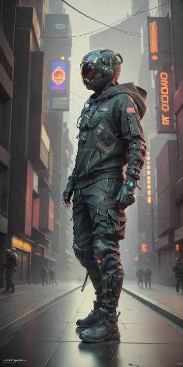 A man in a futuristic suit standing on a city street A man in a futuristic suit standing on a city street